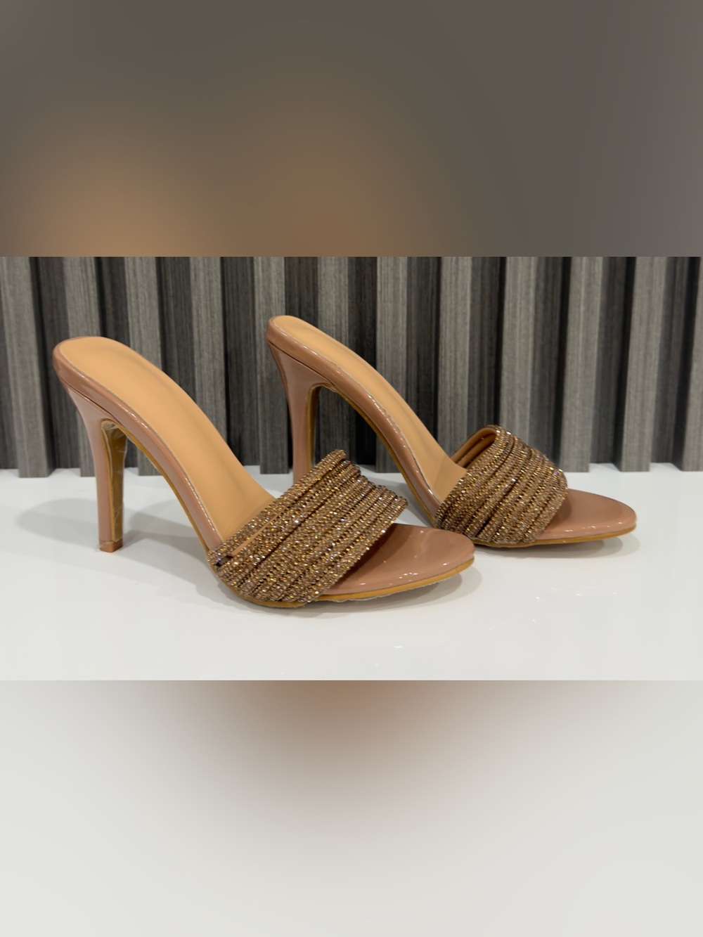 Women's Nude/Tan Embellished High Heel Slide Sandals